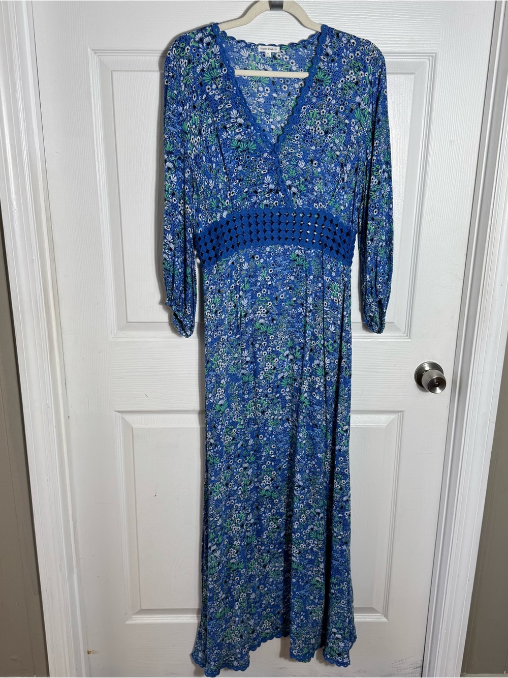 Poupette St Barth Joan Floral Maxi Dress Blue Crochet Waist Size M - Picture 11 of 13